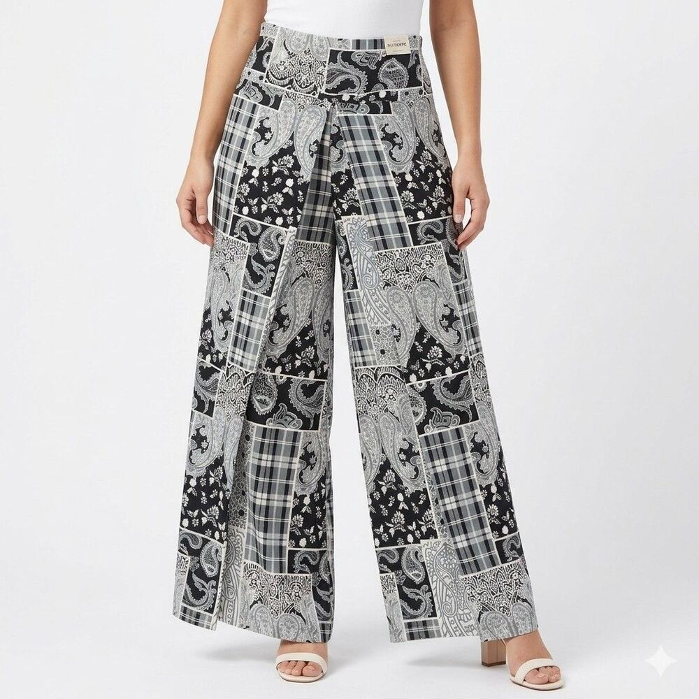 Boho Paisley Plaid Patchwork Wide Leg Palazzo Pants High Waist Overlay M/L